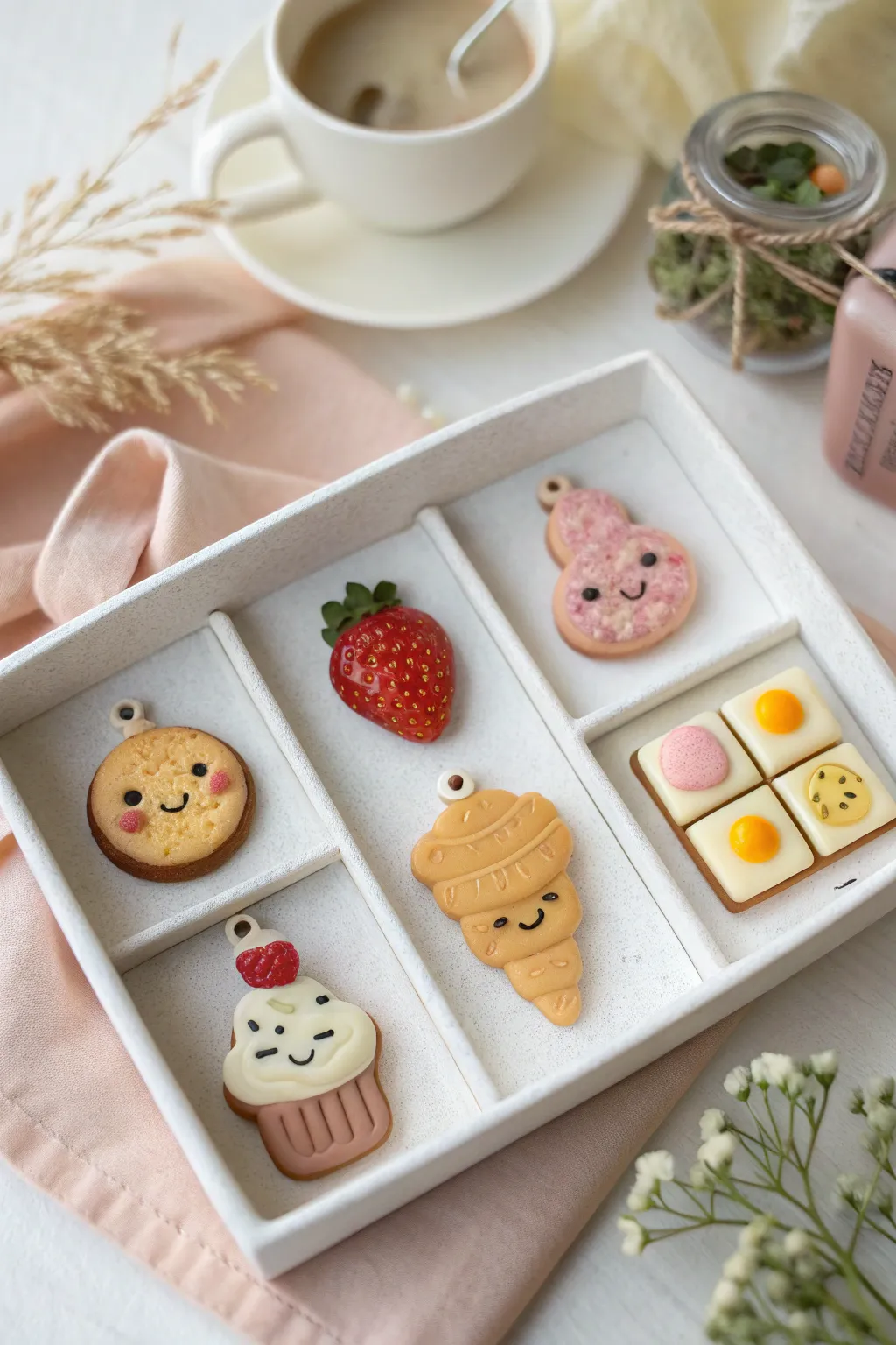 Mini breakfast charm set in soft pastels, neatly arranged on a minimalist ceramic tray.