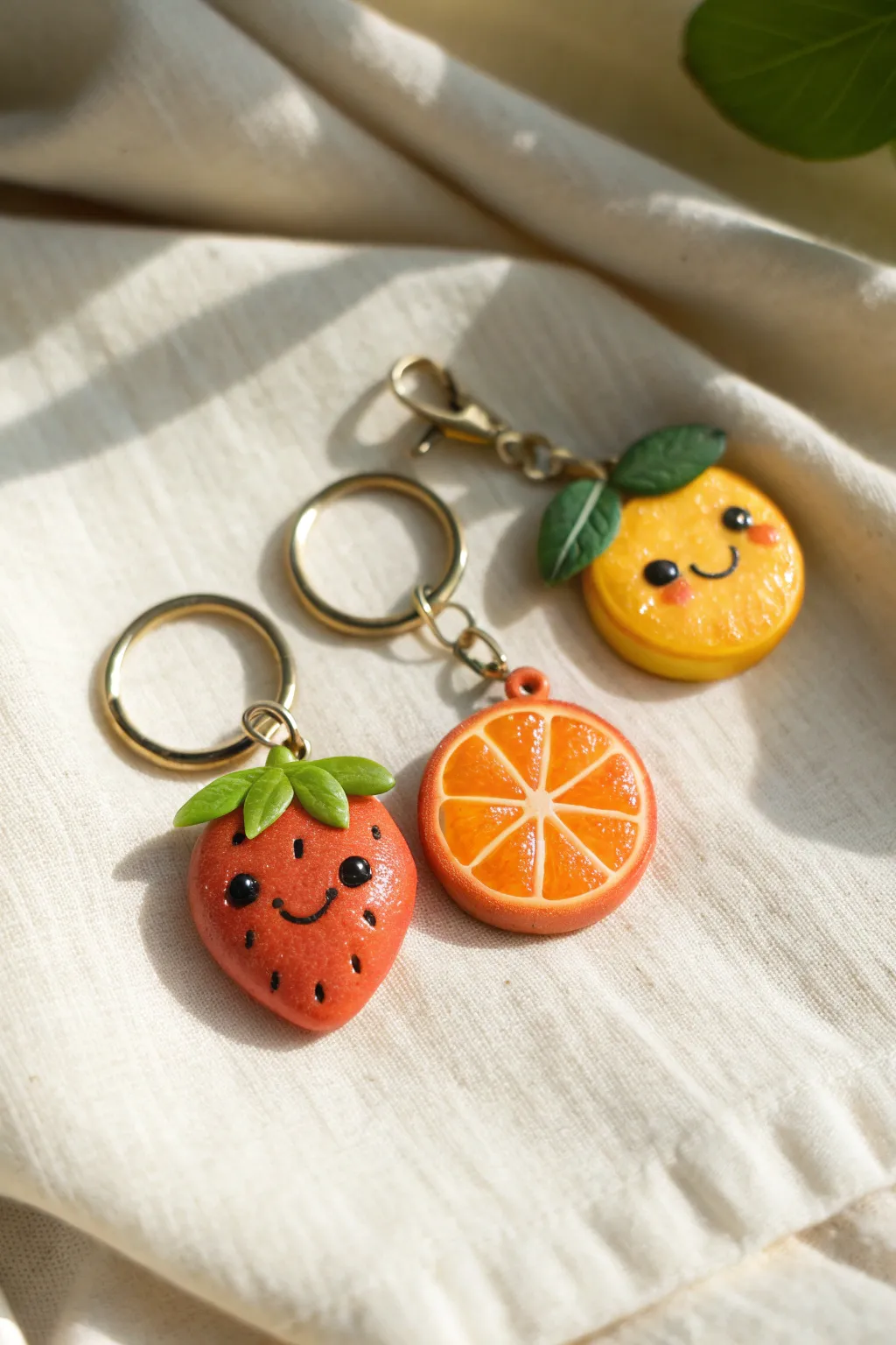 Mini clay fruit charm set with tiny leaf tops and cute faces, styled in soft Scandinavian minimalism.