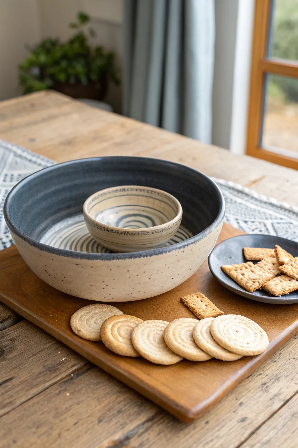 Dark sgraffito swirls on the chip ring with a soft, light dip well for modern contrast