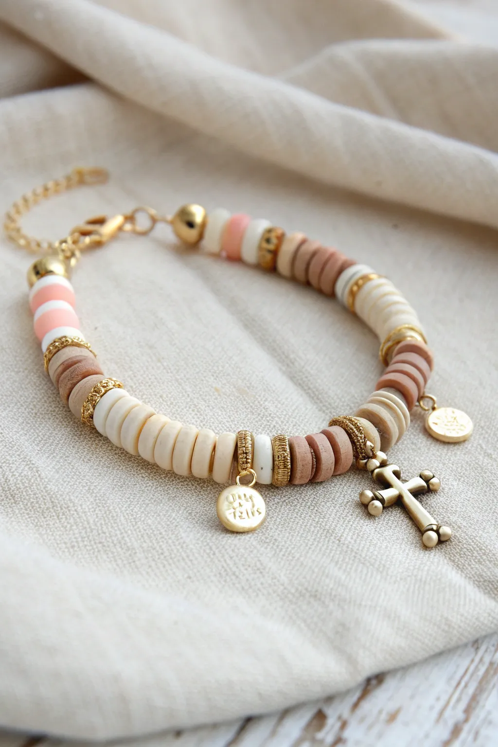 Minimal heishi prayer bracelet with hidden initials and a tiny gold cross for everyday devotion.