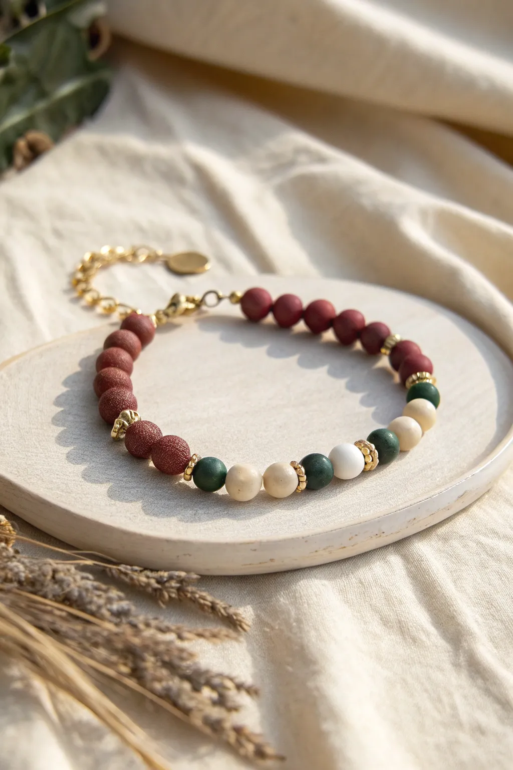 Advent countdown bracelet with handmade clay beads and numbered beads, minimal festive charm.