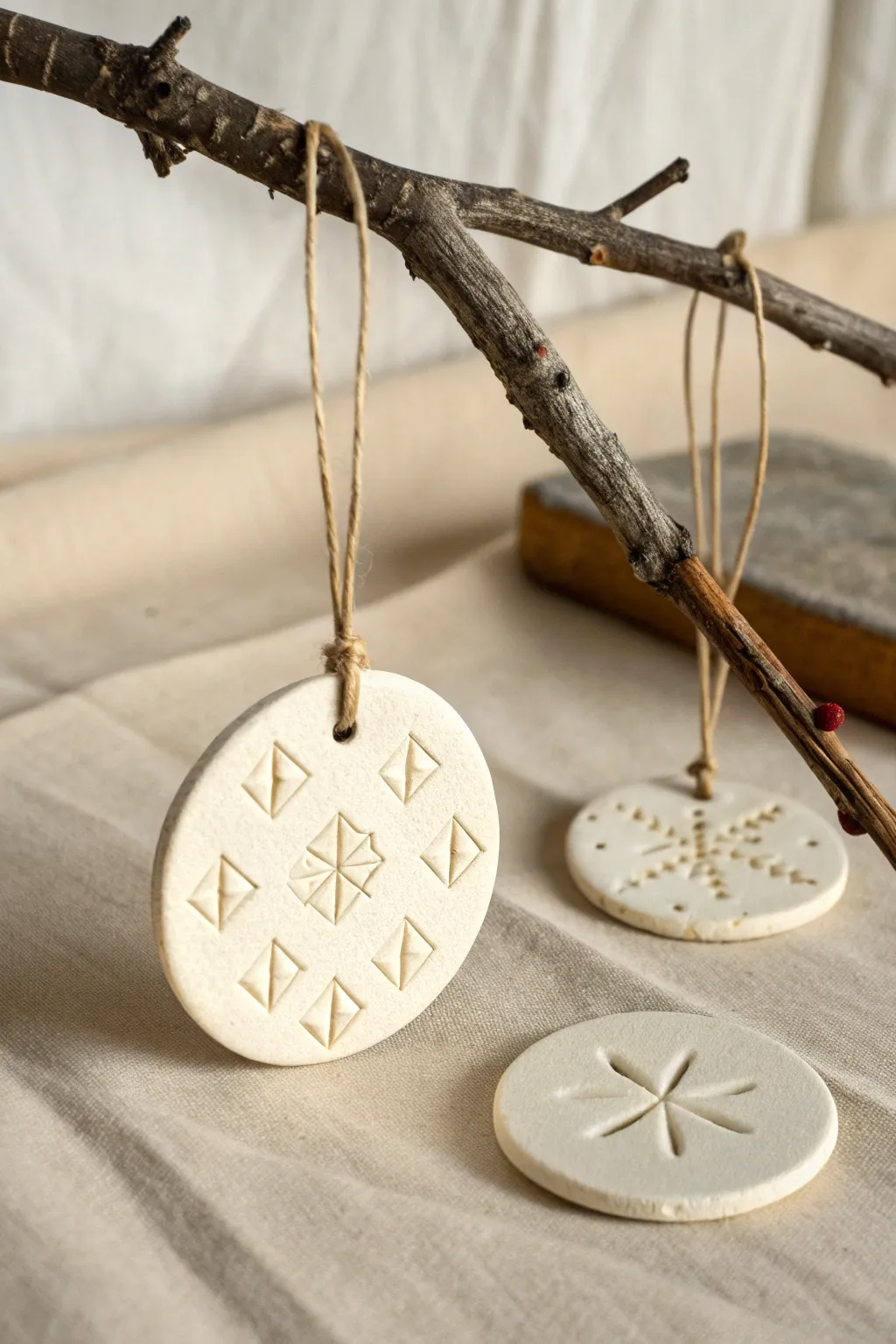 Threaded clay ornaments with simple cutouts and linen stitching for a calm, handmade Christmas