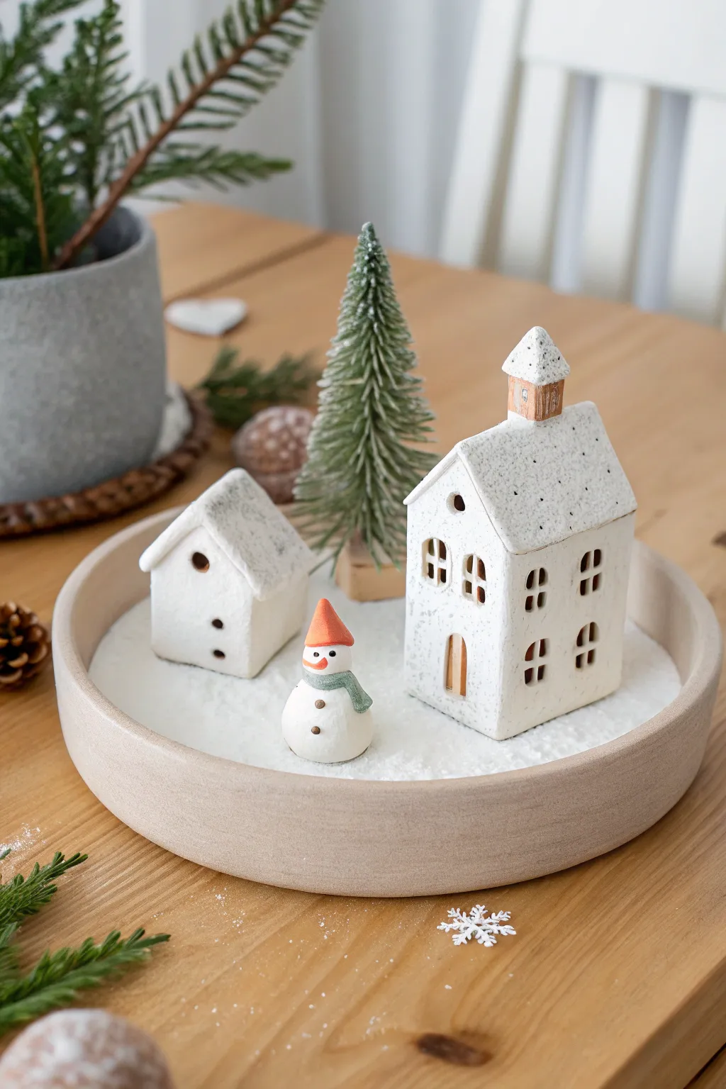 Mini clay holiday village scene with tiny houses, tree, and snowman for easy kid-friendly fun