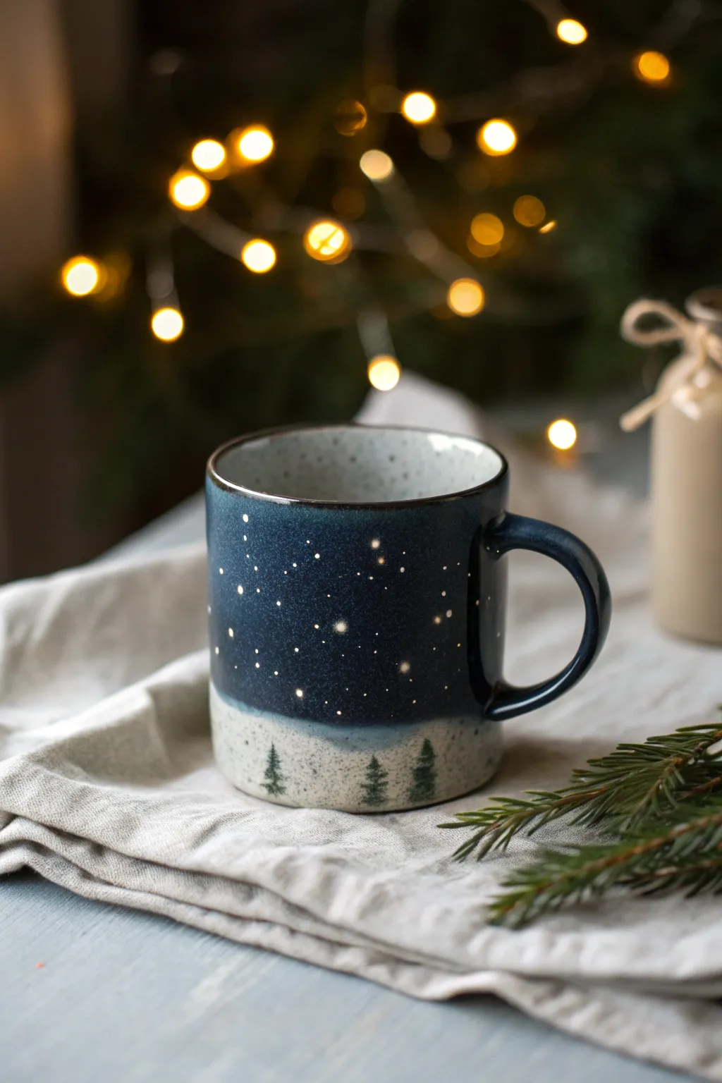 Night-sky gradient mug with falling snow splatter for a cozy, moody Christmas glow