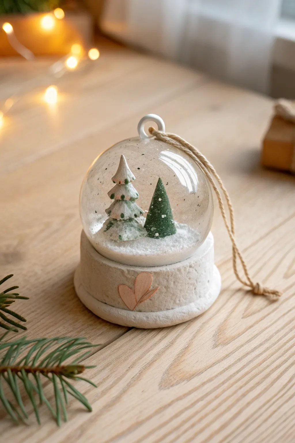 Minimal clay snow globe ornament with tiny tree and snowy details, simple, cozy, handmade