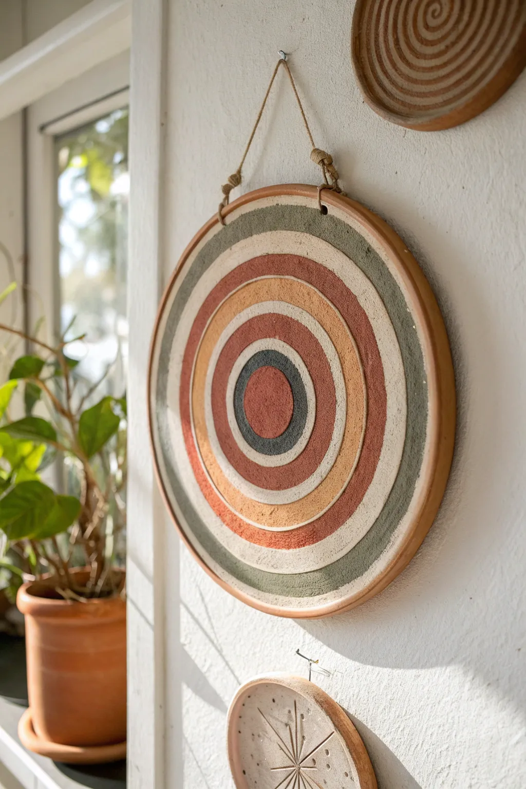 Concentric circle clay wall plaque in soft boho hues, bold yet minimalist for a calm modern space.