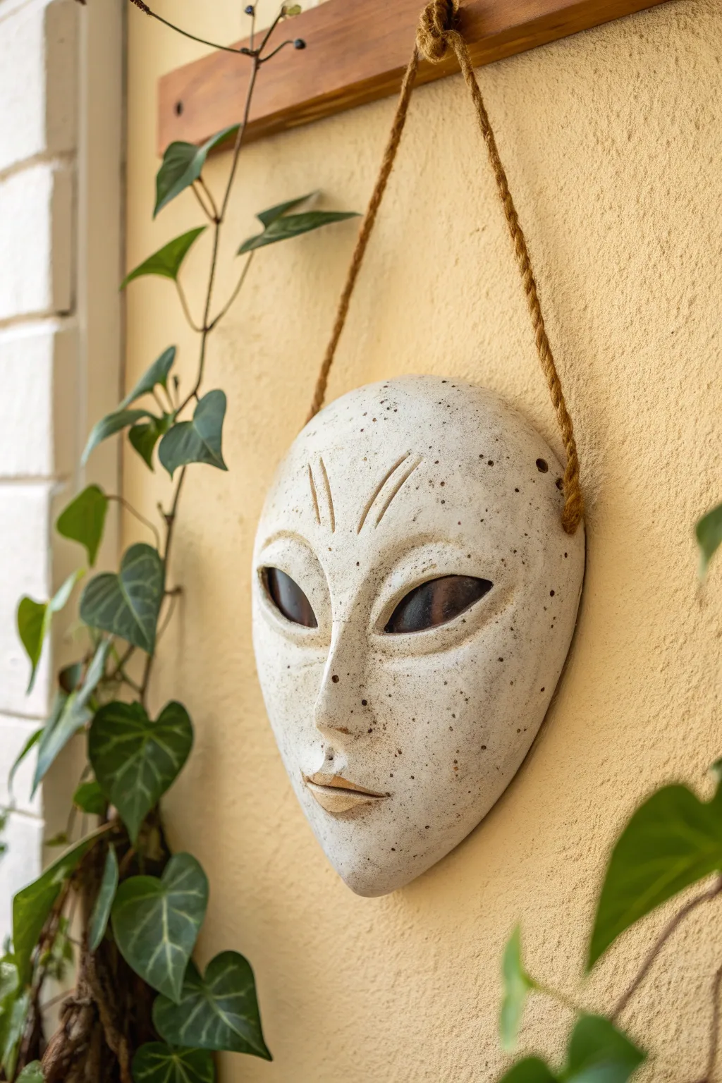 Minimal clay alien mask wall hanging with soft shadows and handmade texture, Nordic boho vibe.