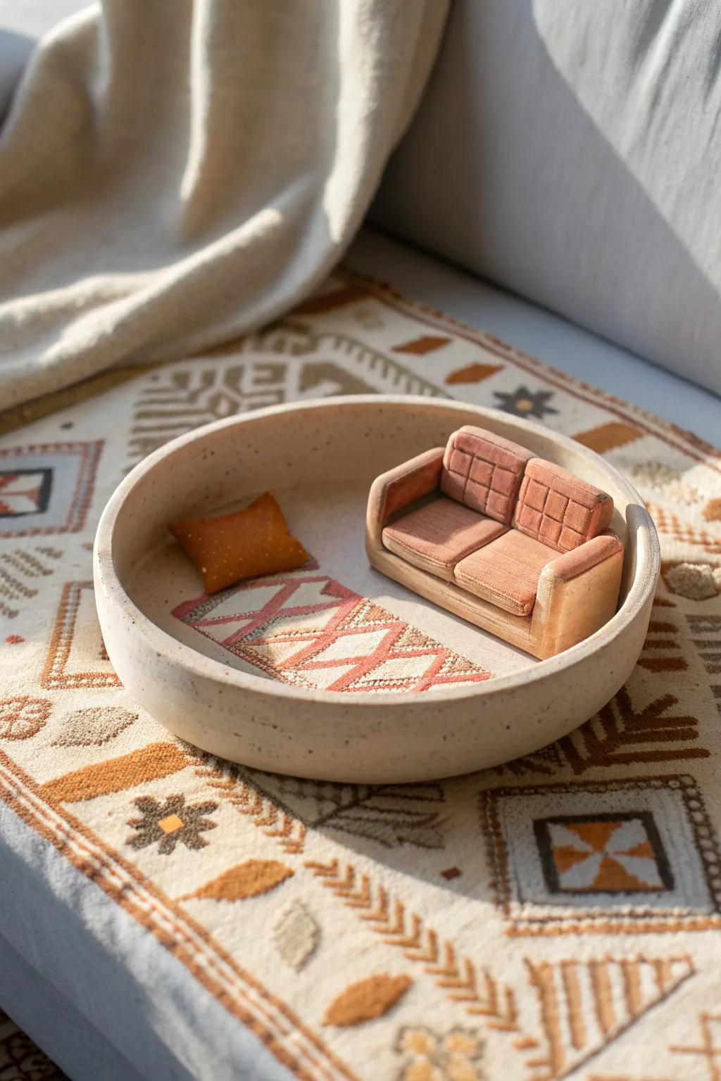 A tiny room diorama trinket tray in warm neutrals, perfect for rings and desk styling