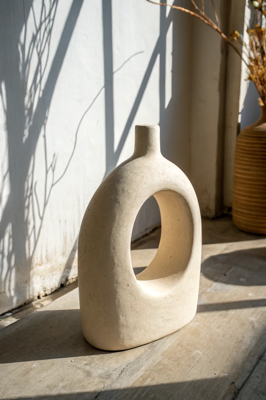 Minimal matte clay loop sculpture with dramatic shadows, an easy negative-space decor idea.