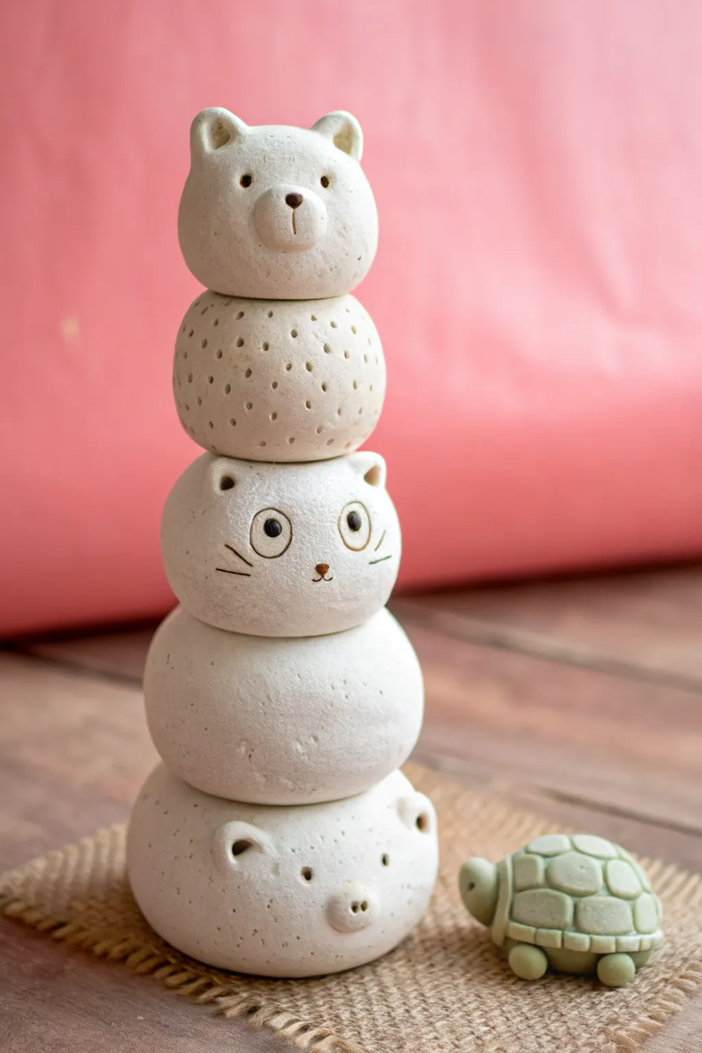 Simple clay animal totem stack for a cozy boho-minimal shelf, cute and beginner friendly.