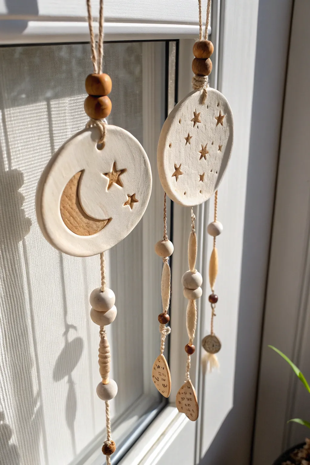 Minimal clay sun catchers with moon and star cutouts, glowing in soft window light