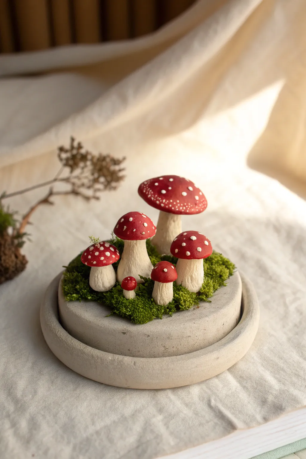 Tiny clay mushroom cluster in earthy reds and creams, a sweet minimalist woodland accent.