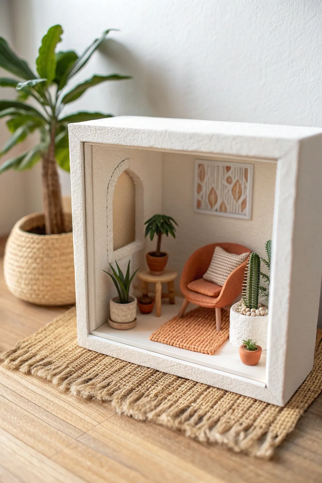 Tiny clay room diorama: a palm-sized stage with chair, plant, and rug texture in soft neutrals.
