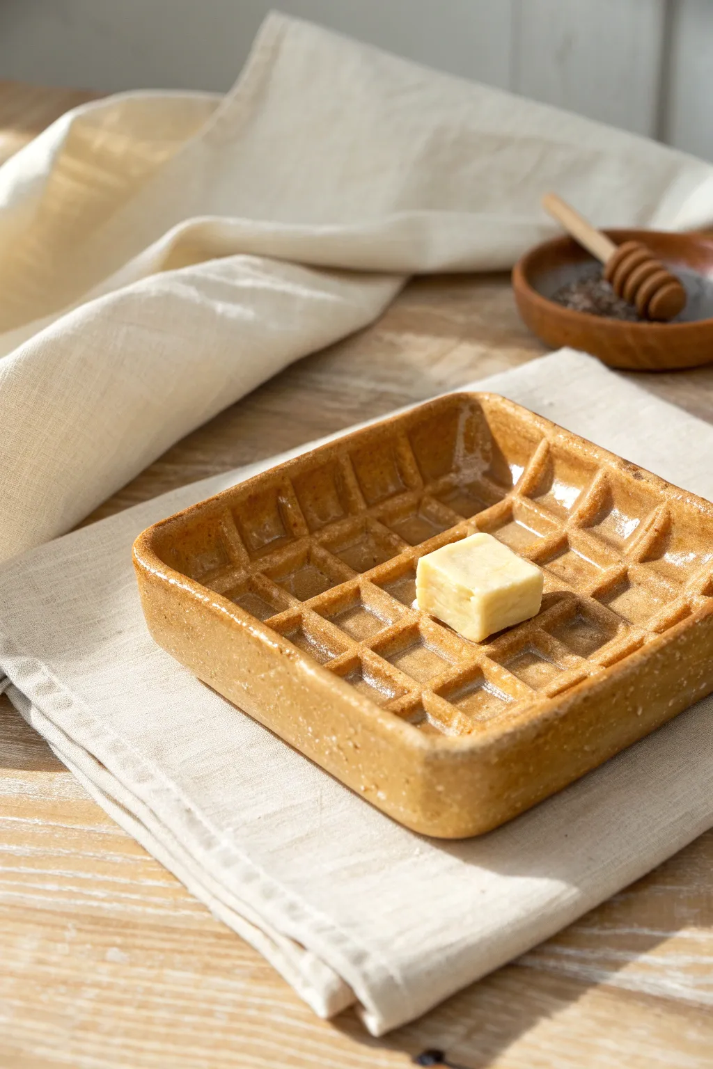 Waffle-textured clay ashtray with a tiny butter detail in warm, minimal Scandinavian tones