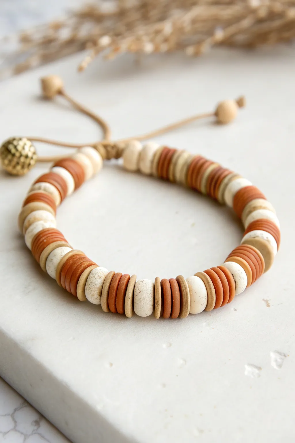 Modern clay bead bracelet with alternating discs and rounds for a clean sculptural rhythm