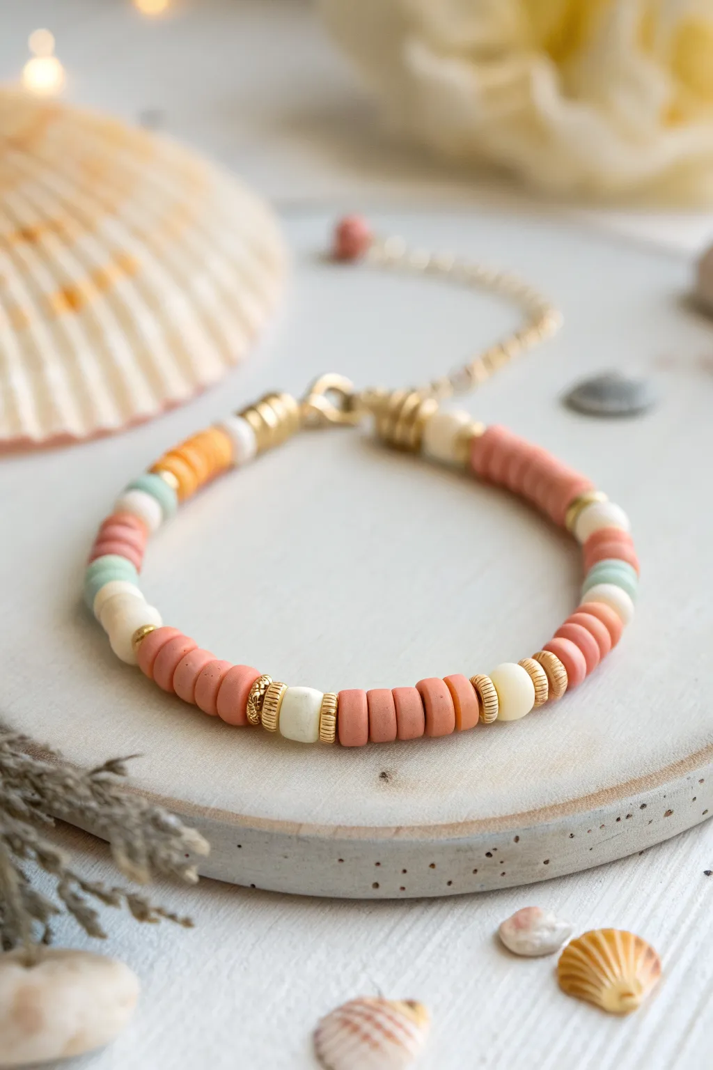 Glow-at-dusk clay heishi bracelet with soft neon accents, perfect for summer night pool vibes.