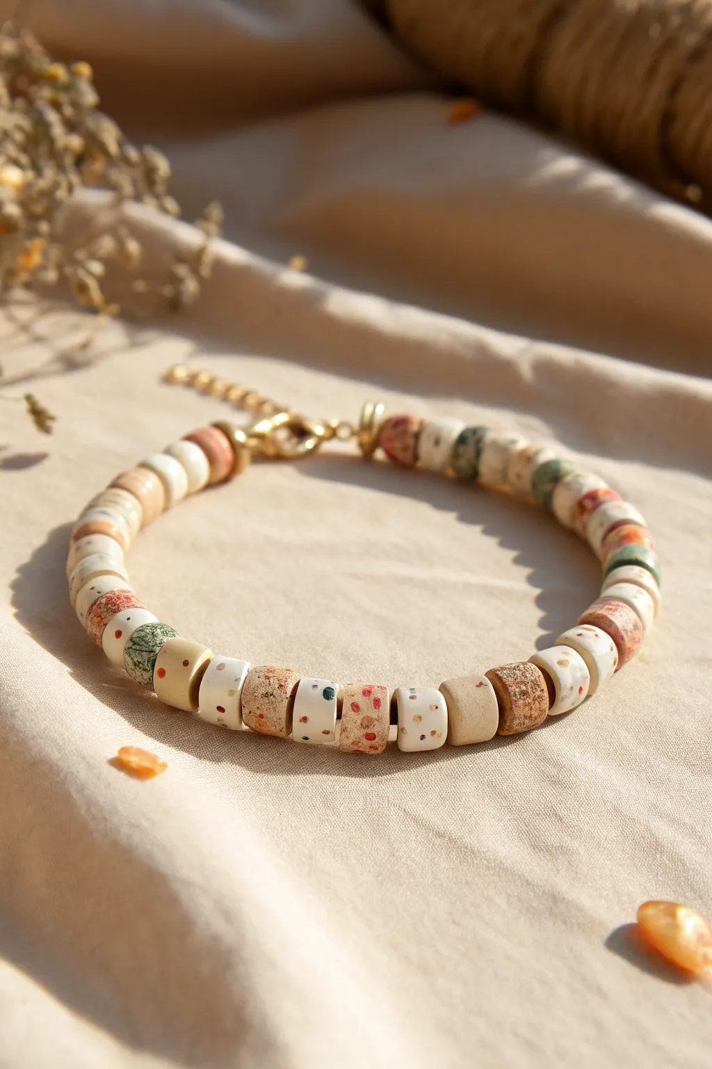 Terrazzo speckled heishi bracelet in soft neutrals with confetti pops for easy boho charm.