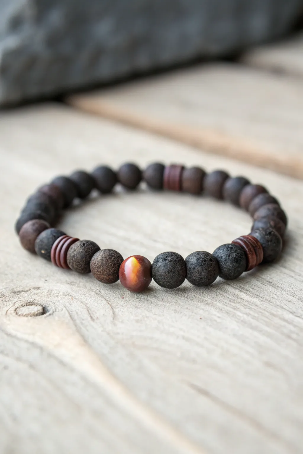 Dark clay bead bracelet stack with a hidden, subtle glow bead accent for understated masculine style.