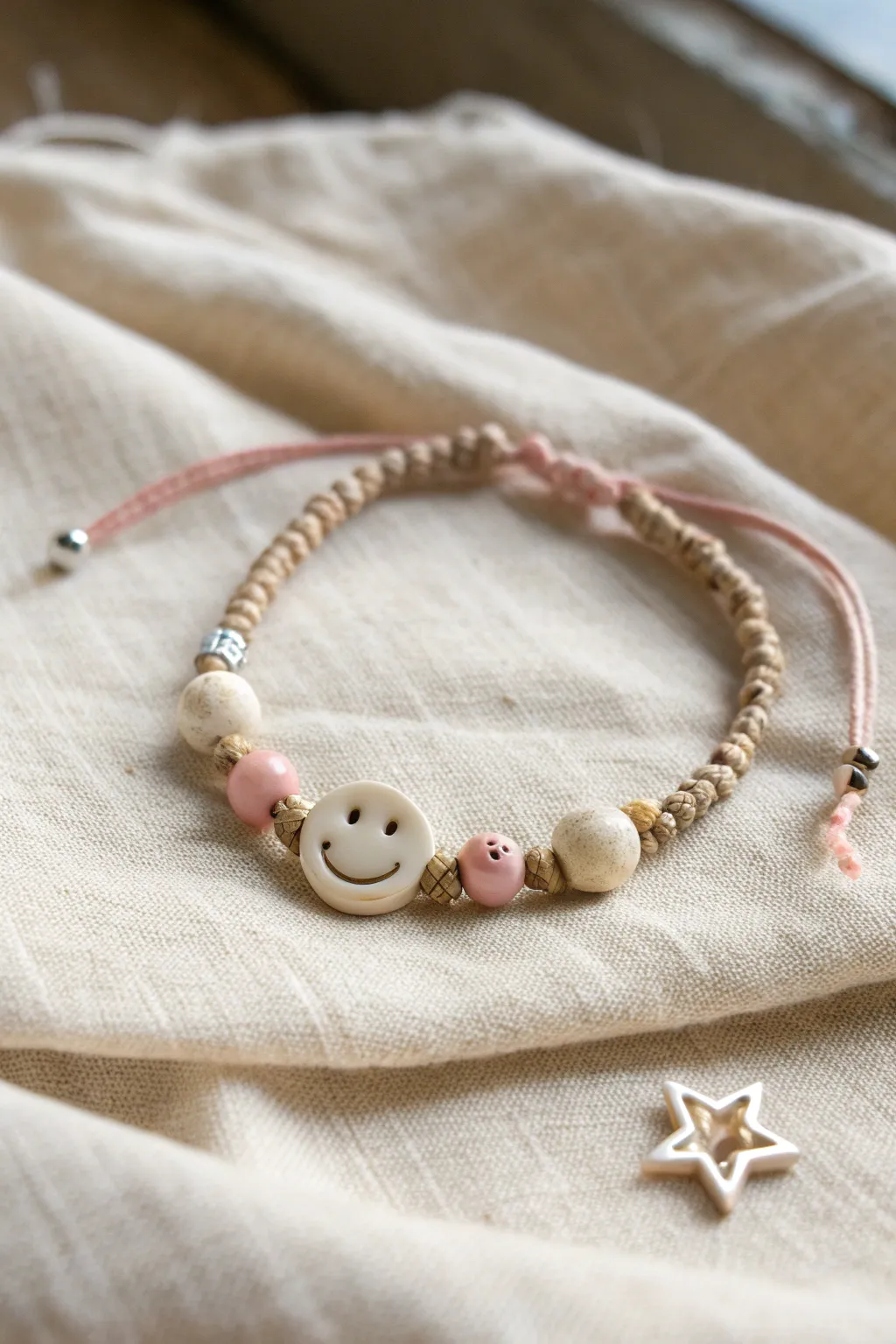 Minimal clay bead bracelet with smiley center and tiny heart and star charms, Scandinavian boho.