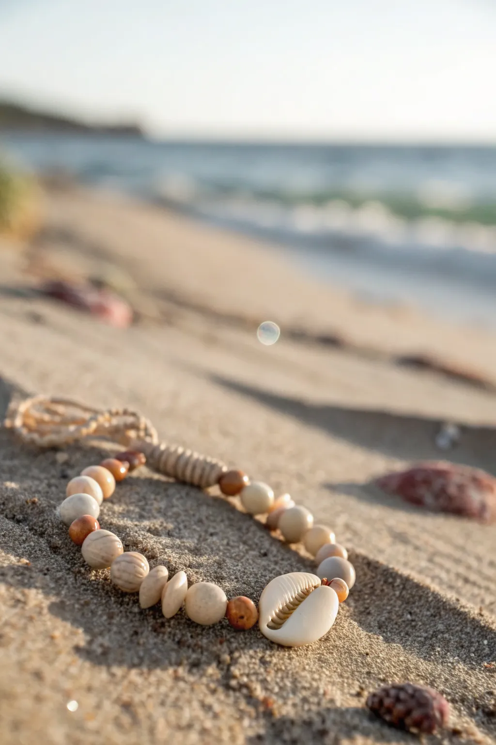 Mini shell cluster bracelet with neutral clay beads, styled on sunlit sand for summer beach vibes.