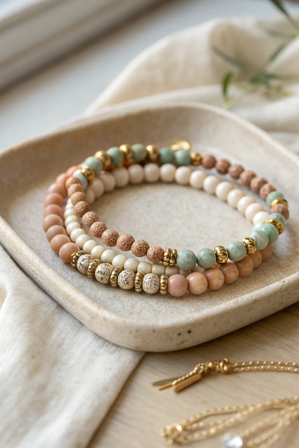 Coordinated clay bead bracelet stack pair in soft neutrals, a sweet best friend gift set