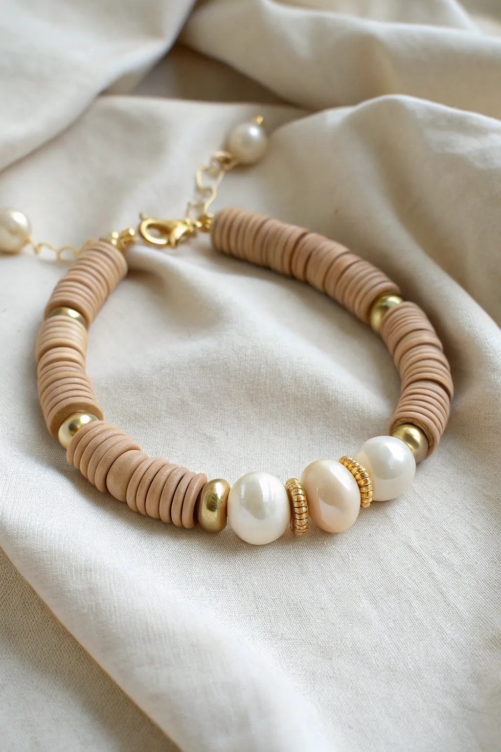 Chunky heishi clay beads meet big creamy pearls for a bold bracelet with calm, minimal style.