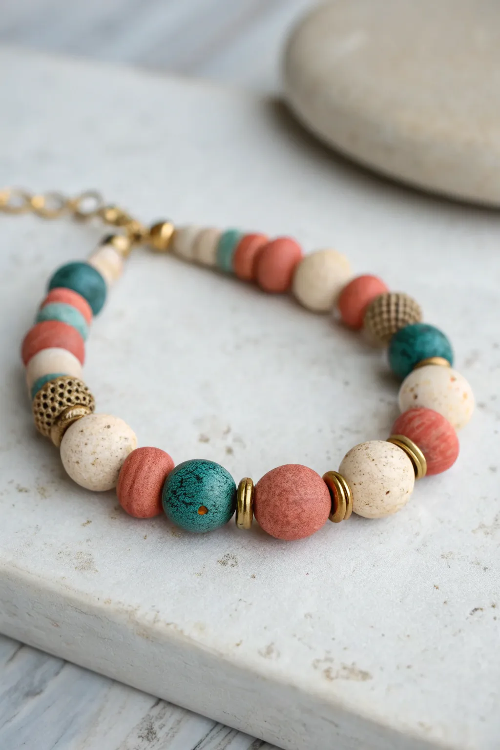 Asymmetrical clay bead bracelet with a bold center cluster tapering into calm neutral tones.