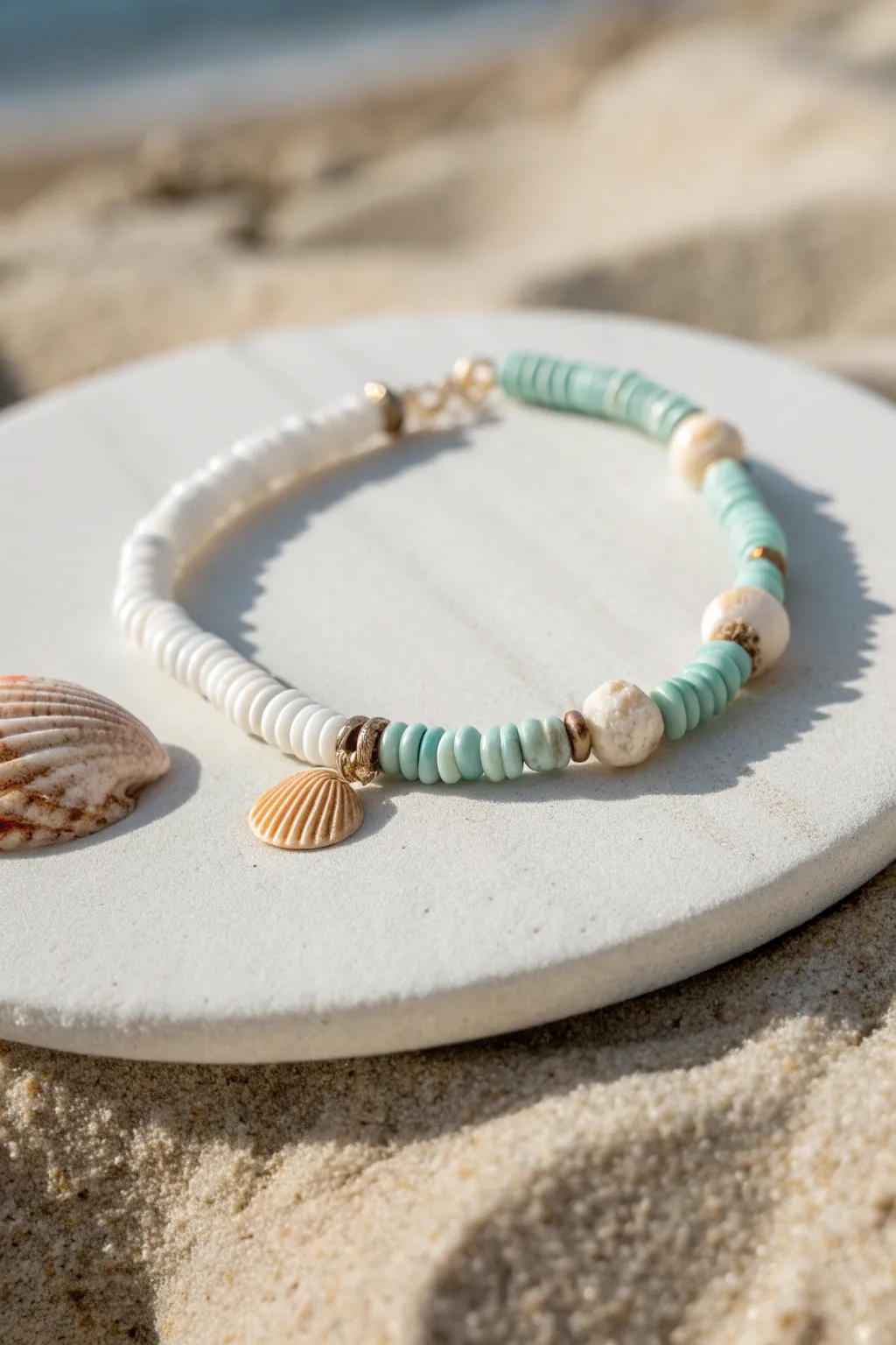 Ocean toned clay bead bracelet with tiny shell charm, minimalist beach vibe for summer styling.