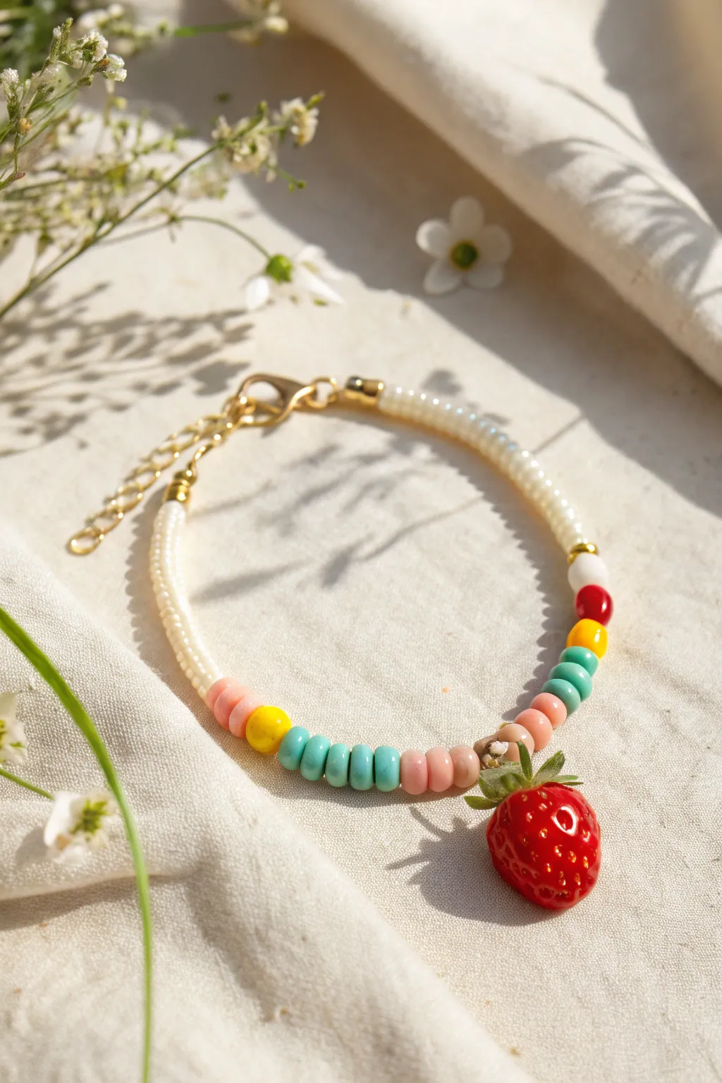 Sunny heishi clay bead bracelet with a cute fruit charm centerpiece, minimal summer vibes