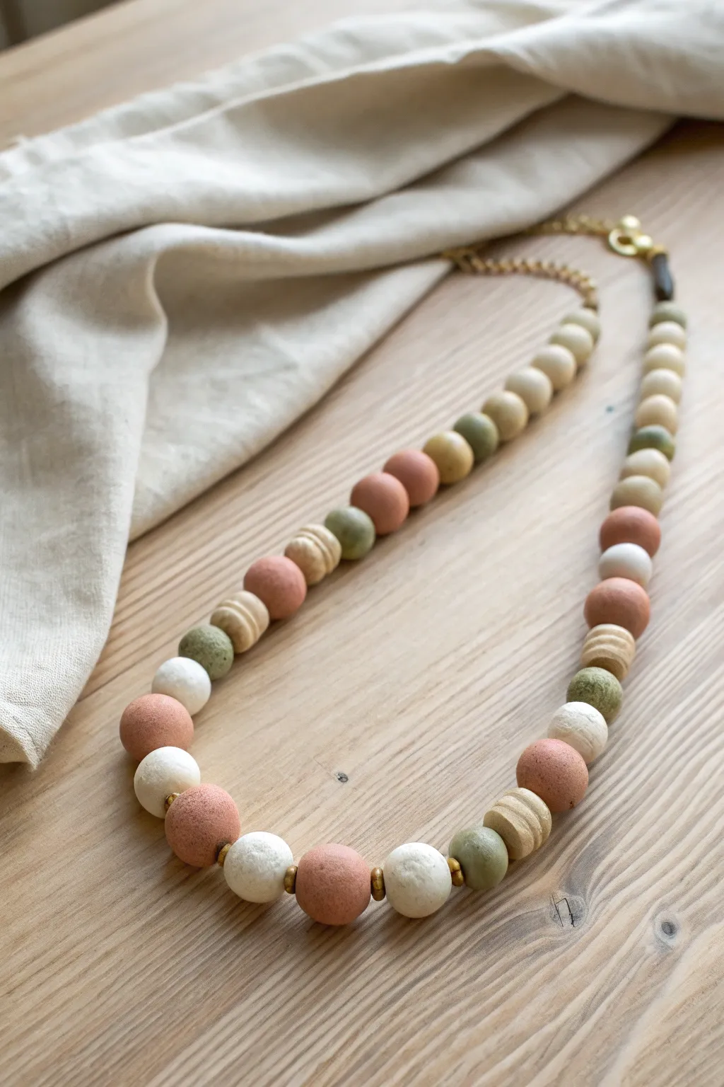 Matte clay beads with glossy accents create a calm, modern necklace with unexpected texture.