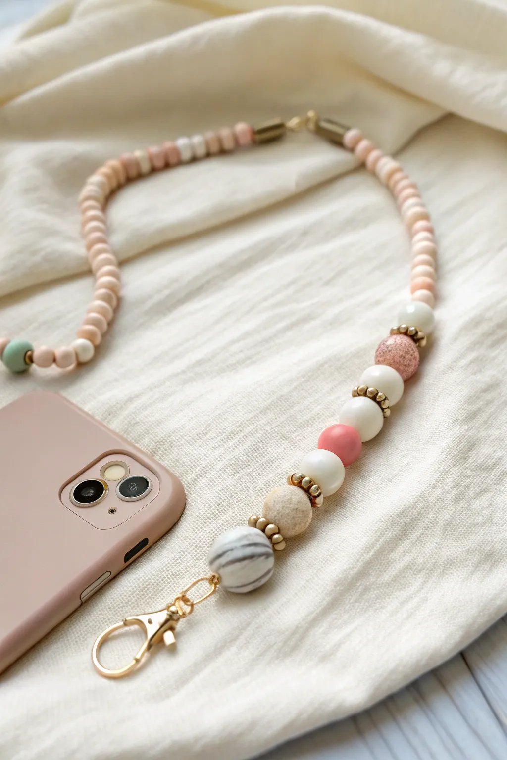 Minimal heishi phone charm with marble-swirled accents for a soft Scandinavian boho vibe.