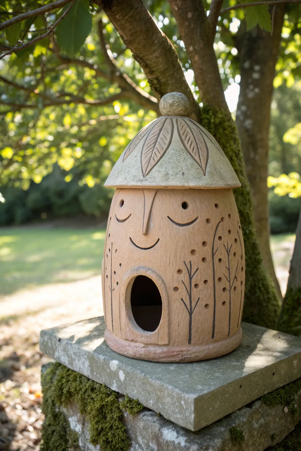 A gentle tree-guardian birdhouse in earthy clay, glowing in dappled light and calm Nordic style.