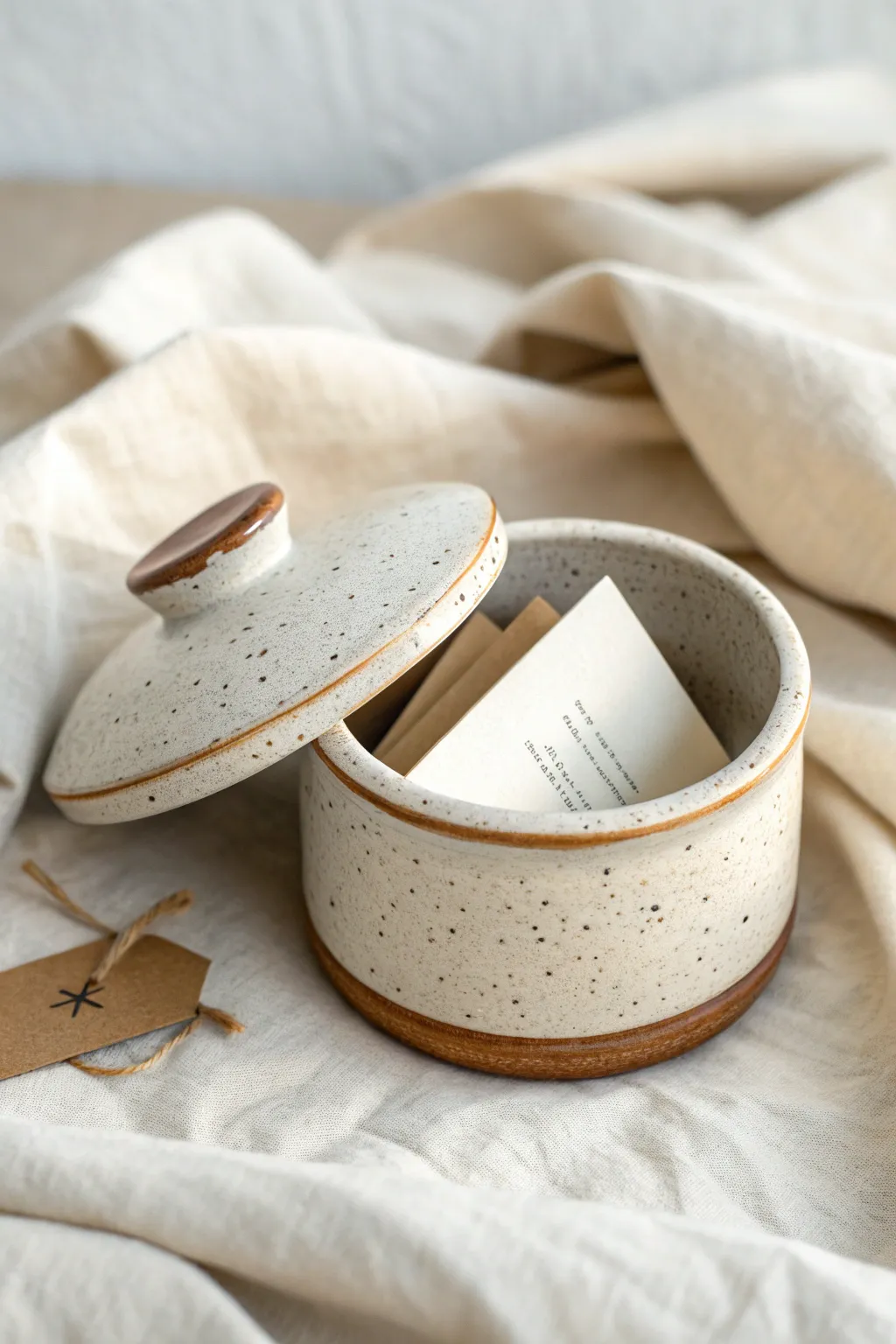 Tiny pinch pot surprise box, lid slightly open with a hidden note, perfect birthday gift.