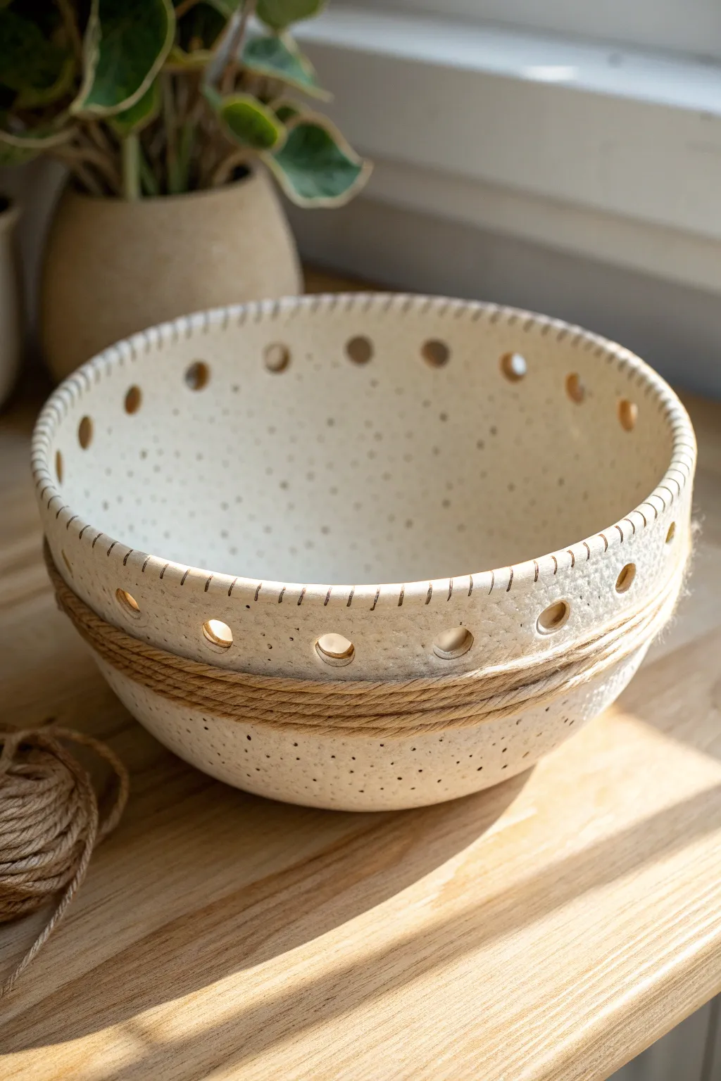 Pierced rim bowl with simple linen lacing, a minimalist boho detail for a handmade trinket dish.