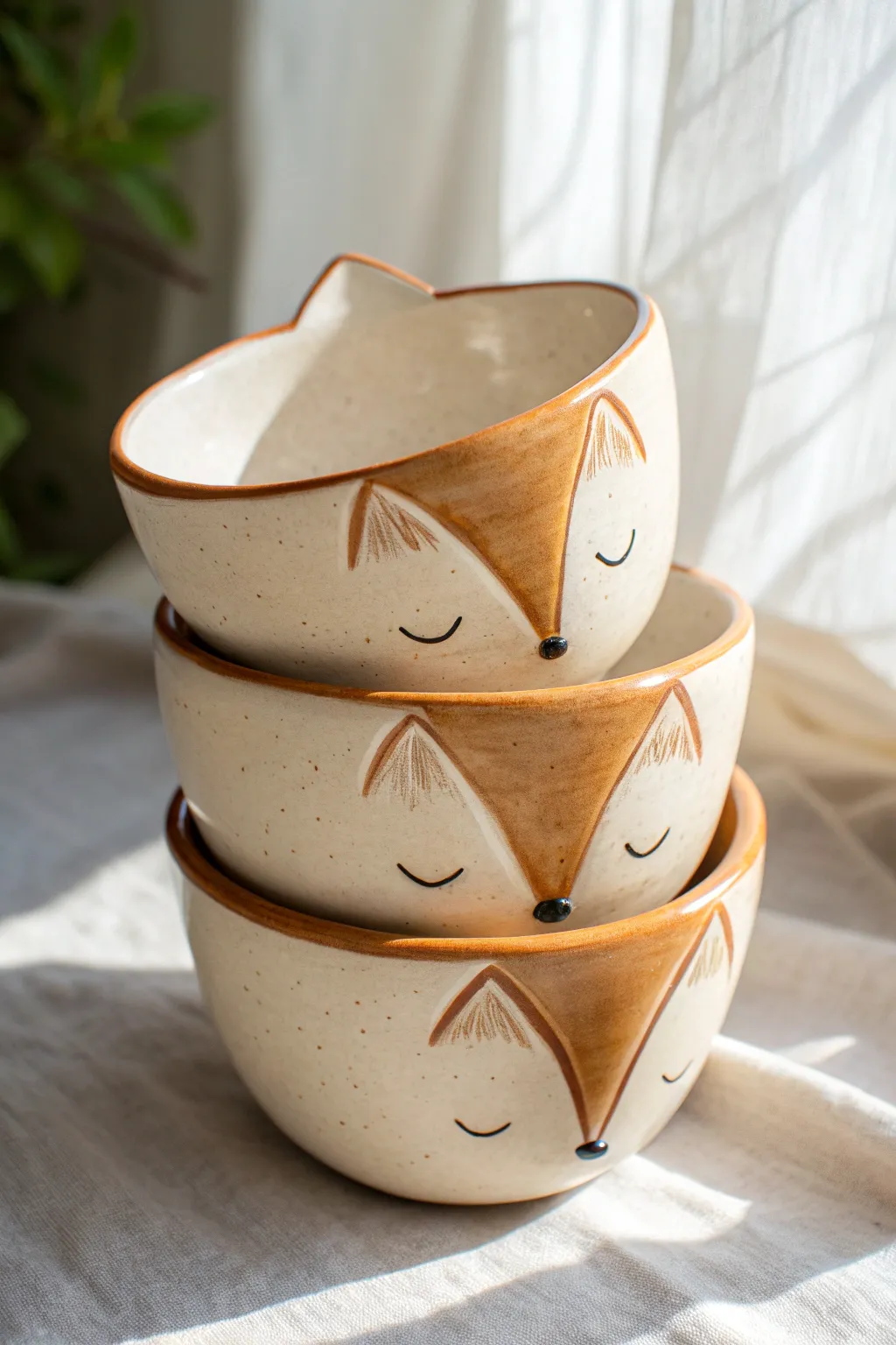 Nesting fox family bowls in three sizes, handcrafted ceramic set for cozy minimalist tables