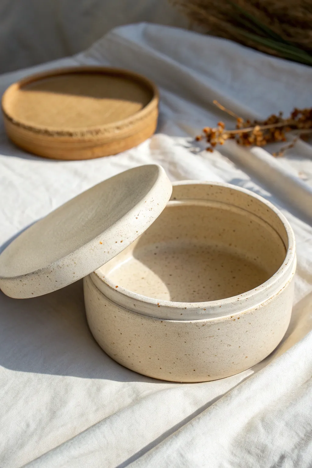 A minimalist clay box with a discreet false bottom insert for a simple hidden compartment.