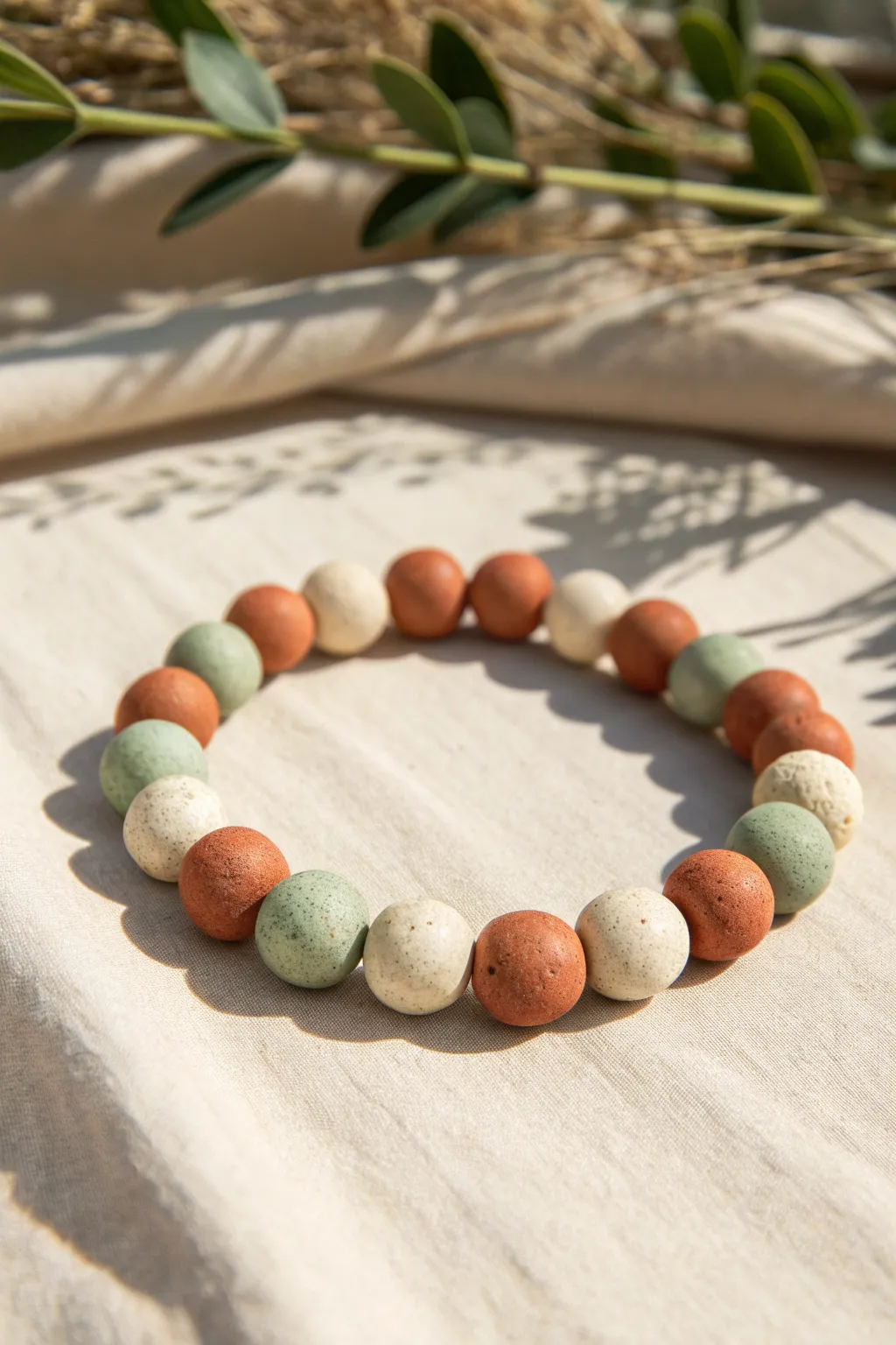 Three-color clay bead bracelet with a repeating spiral pattern, photographed in a circle for easy copying.