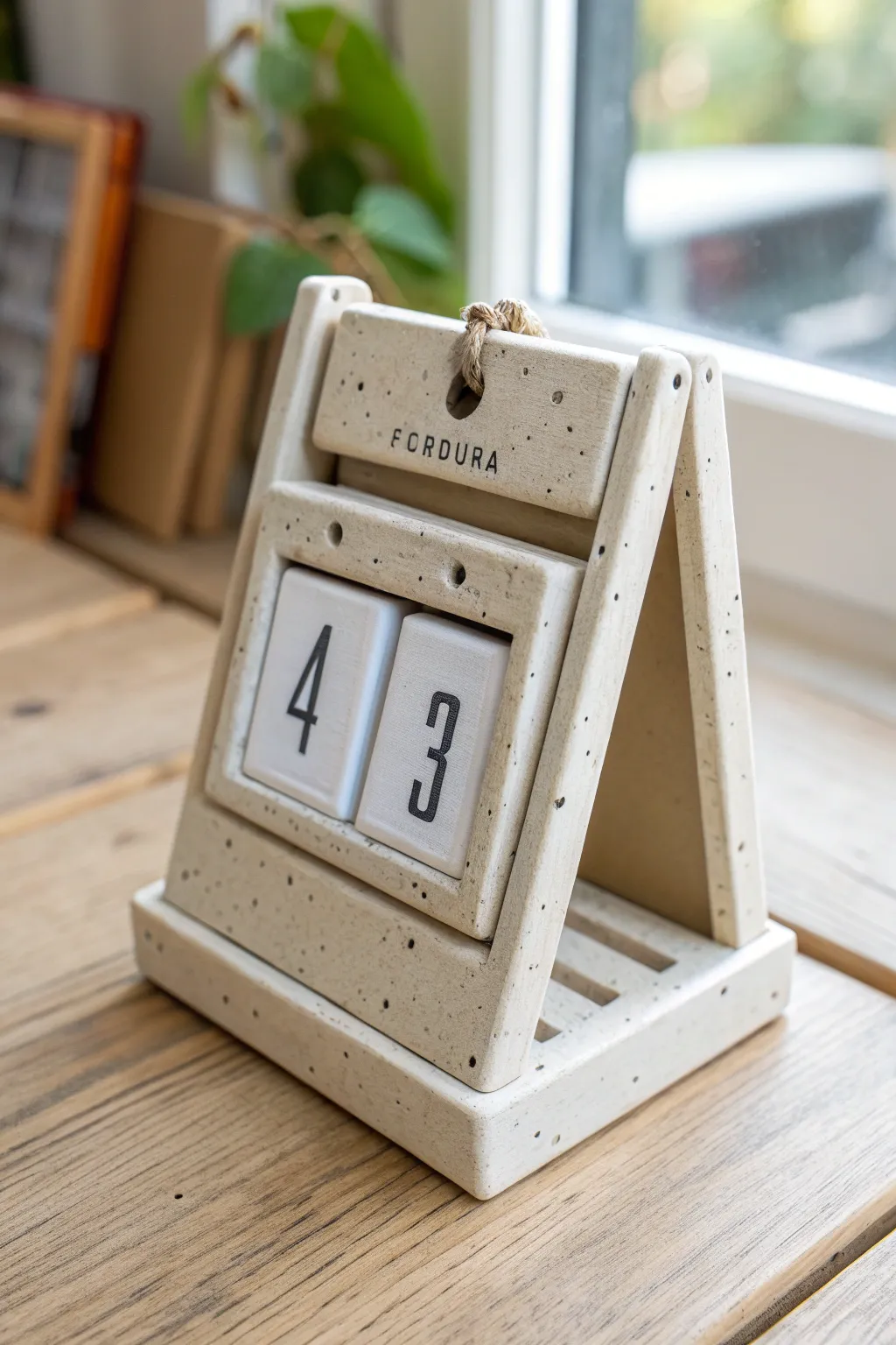 Minimal clay frame perpetual calendar with swap-in tiles, a calm Scandi-boho desk accent