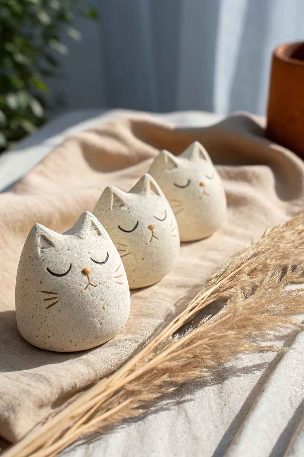 Minimalist mood cats in clay: sleepy, grumpy, surprised faces for easy handmade charm.
