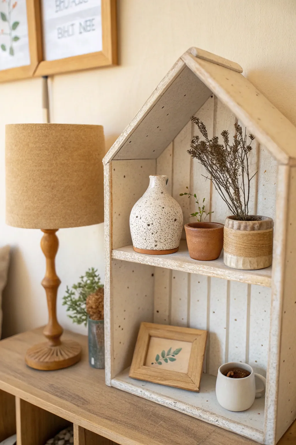 Miniature room decor clay challenge: tiny shelf vignette of simple handmade pottery pieces.