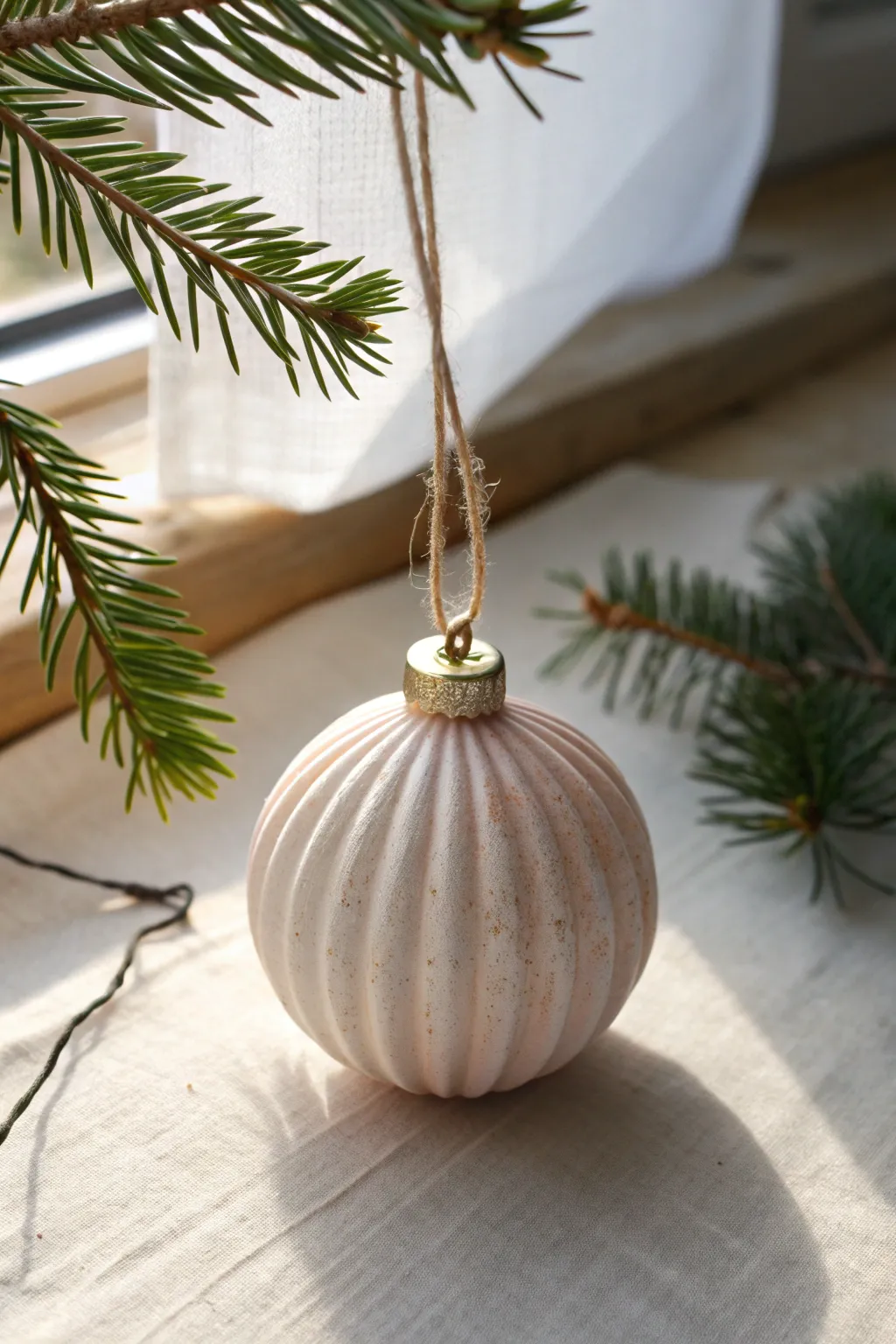 Dimensional clay bauble with a glossy blush glaze, simple twine loop, and cozy minimal style.