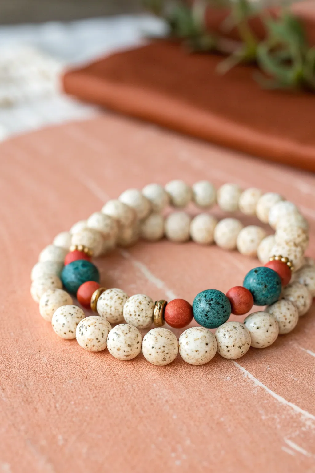 Terrazzo-inspired clay bead bracelet in cream, tan, coral, and teal on warm clay backdrop