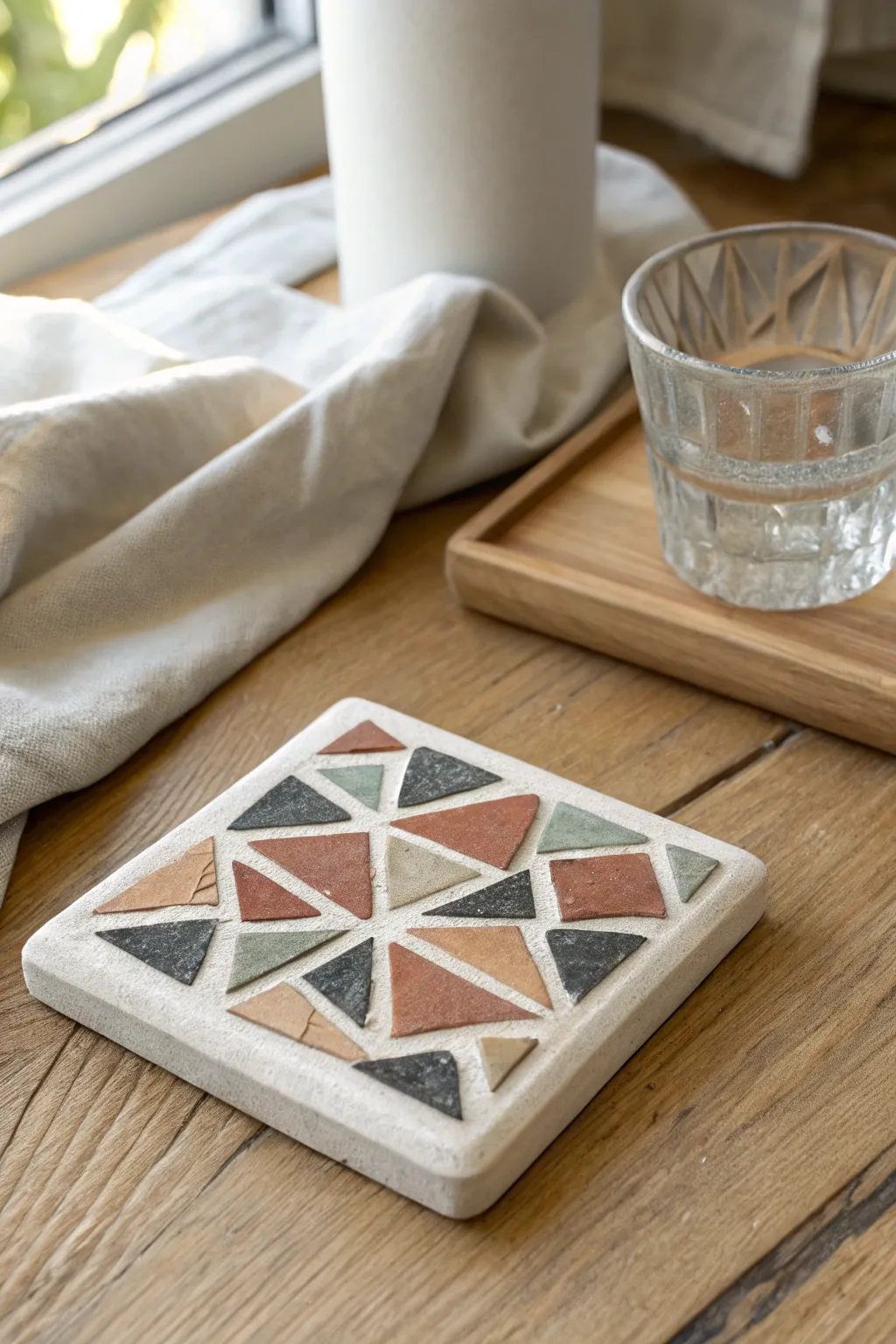 Minimal clay mosaic coaster with tiny inlays, styled simply with a glass for cozy contrast.
