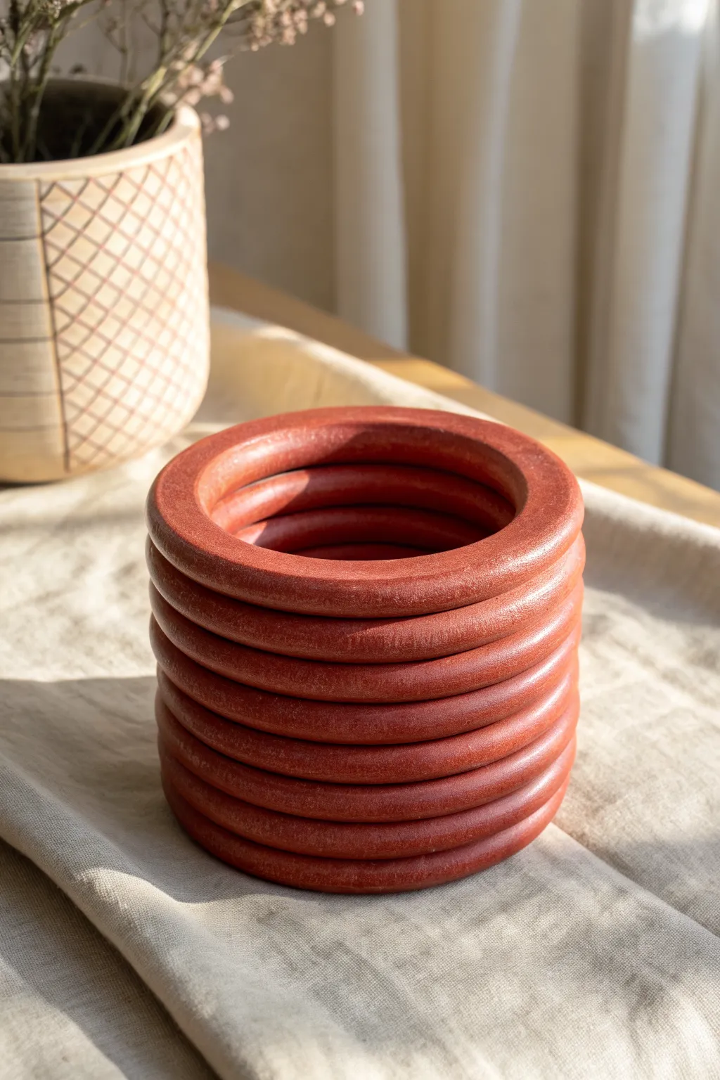 Bold donut-shaped coil ring vessel with clean opening and textured coils in a single glaze