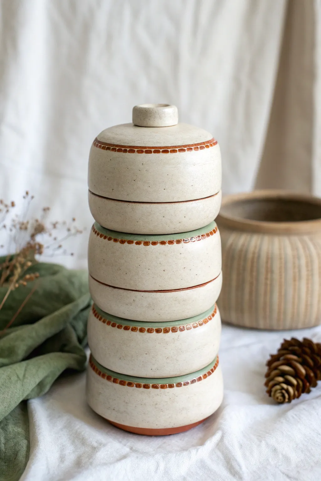 Stacked totem clay containers with twist-off layers, top removed to reveal hidden storage.