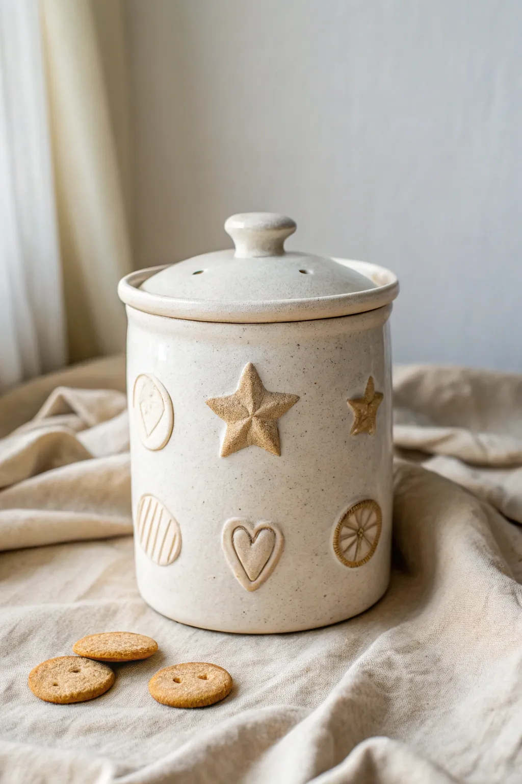 Minimal clay cookie jar with star, heart, and circle cookie cutter lid handles in soft neutrals