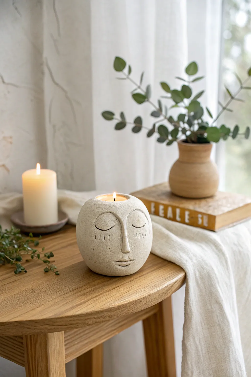 Abstract clay face mini sculpture with matte finish, styled simply for a modern boho nook