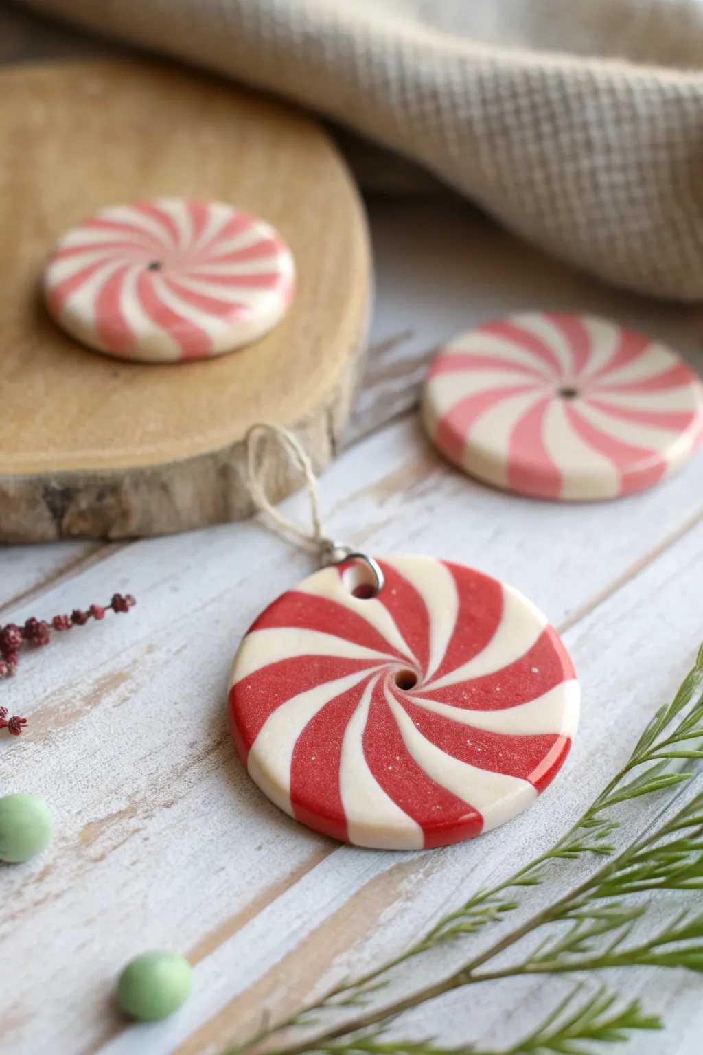 Bold pinwheel clay charm slices with bright swirls, ready to string into kid-friendly jewelry.