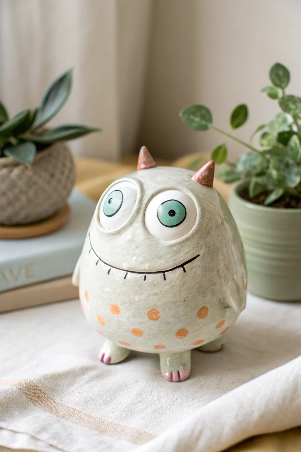 A charming three-eyed pinch pot monster with bold color contrast and minimalist boho vibes.