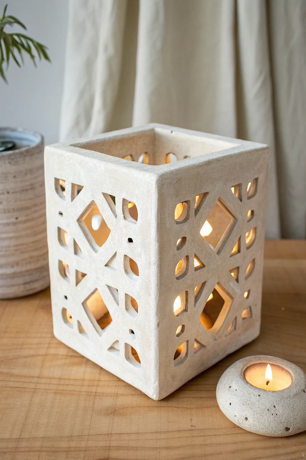 Minimal clay cube lantern with warm inner glow and simple cutouts for a cozy modern look